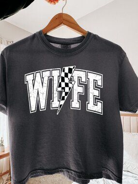 Retro Checkered Lightning Bolt Wife Crop Top, New Bride Gift Wifey Tee Shirt